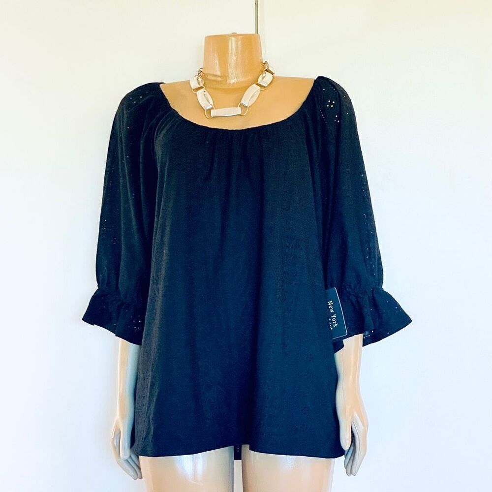 NWT Gorgeous New York laundry 2X Plus Sz Eyelet 3/4 Sleeve Round Neck Blouse Top